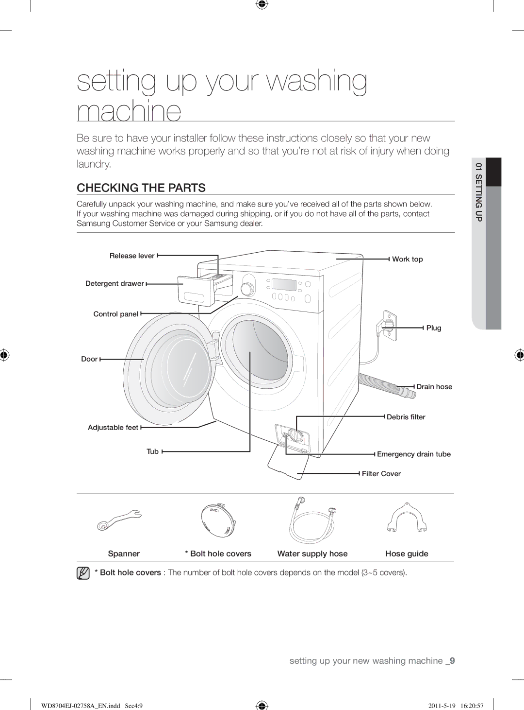 Samsung WD8704EJA/XEE manual Setting up your washing machine, Checking the Parts 