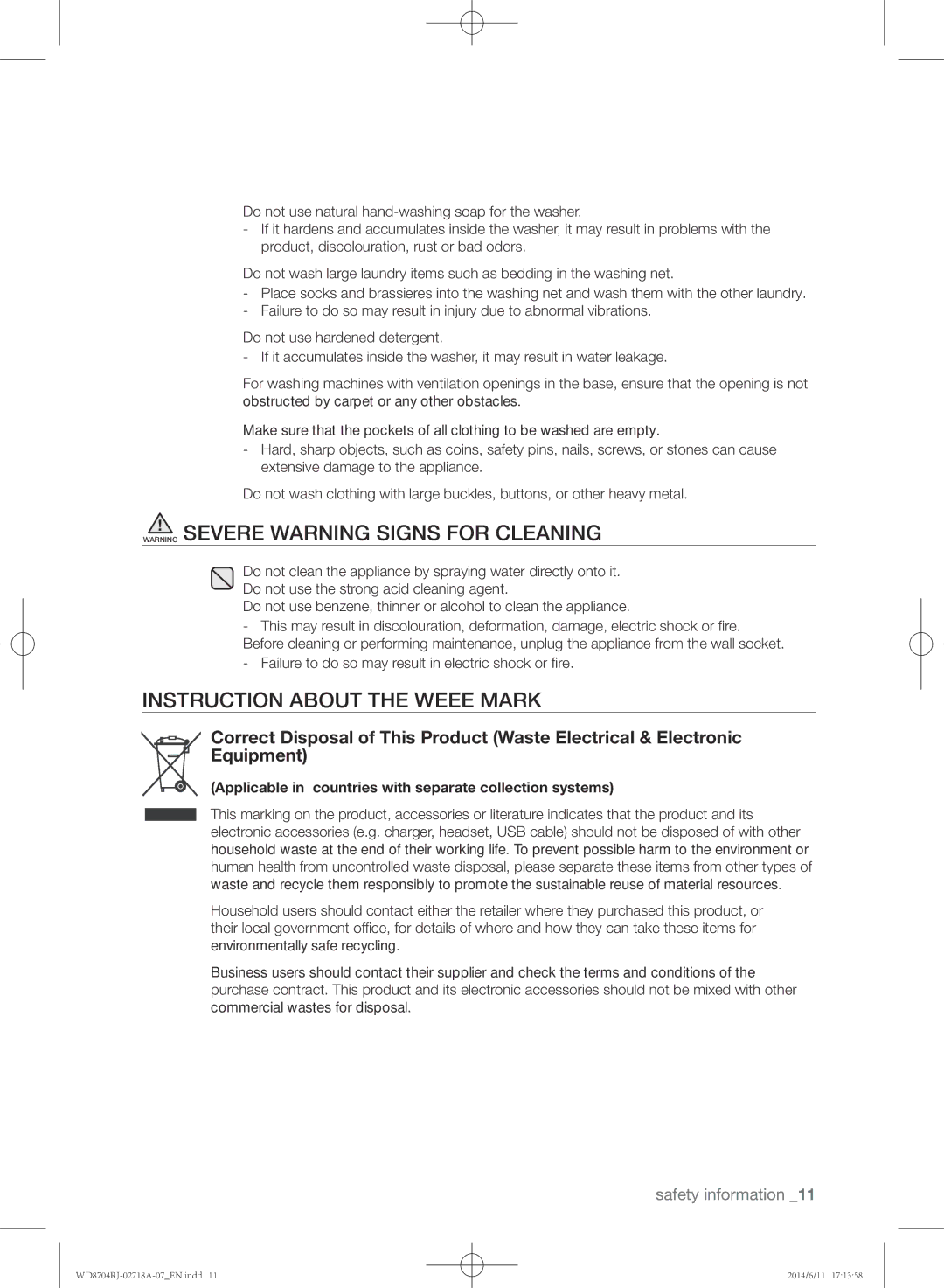 Samsung WD8704RJA/XEU manual Instruction about the Weee mark, Applicable in countries with separate collection systems 