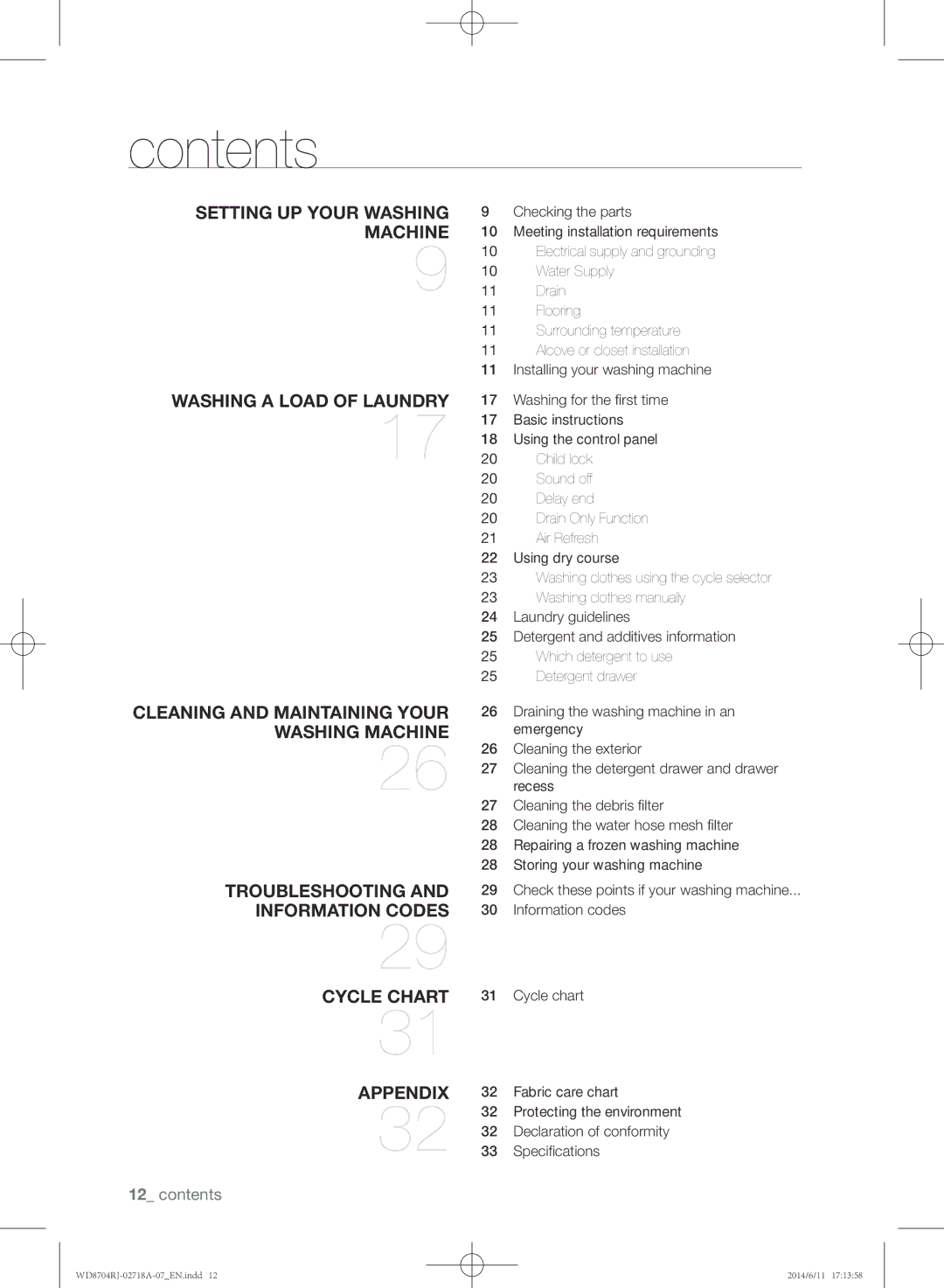 Samsung WD8704RJA/XEU manual Contents 