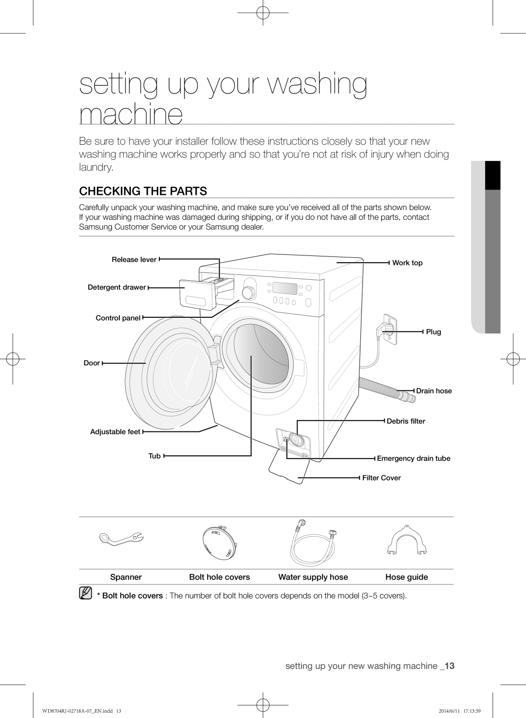 Samsung WD8704RJA/XEU manual Setting up your washing machine, Checking the parts 