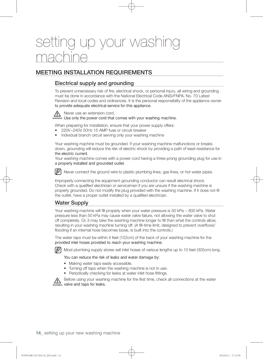 Samsung WD8704RJA/XEU manual Meeting installation requirements, Electrical supply and grounding, Water Supply 