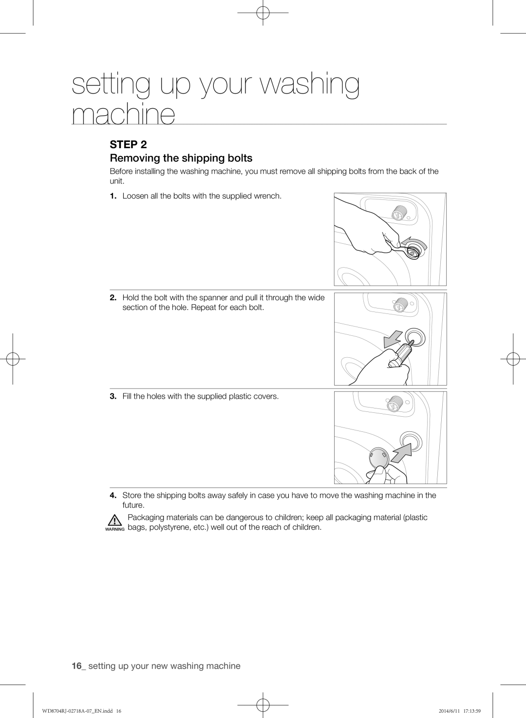 Samsung WD8704RJA/XEU manual Removing the shipping bolts 