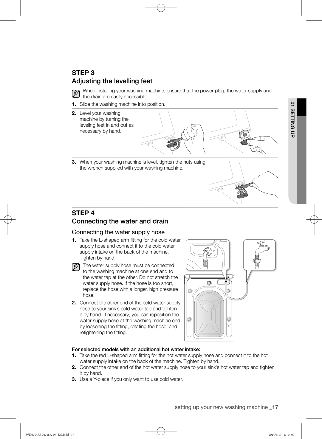 Samsung WD8704RJA/XEU manual Adjusting the levelling feet, Connecting the water and drain 