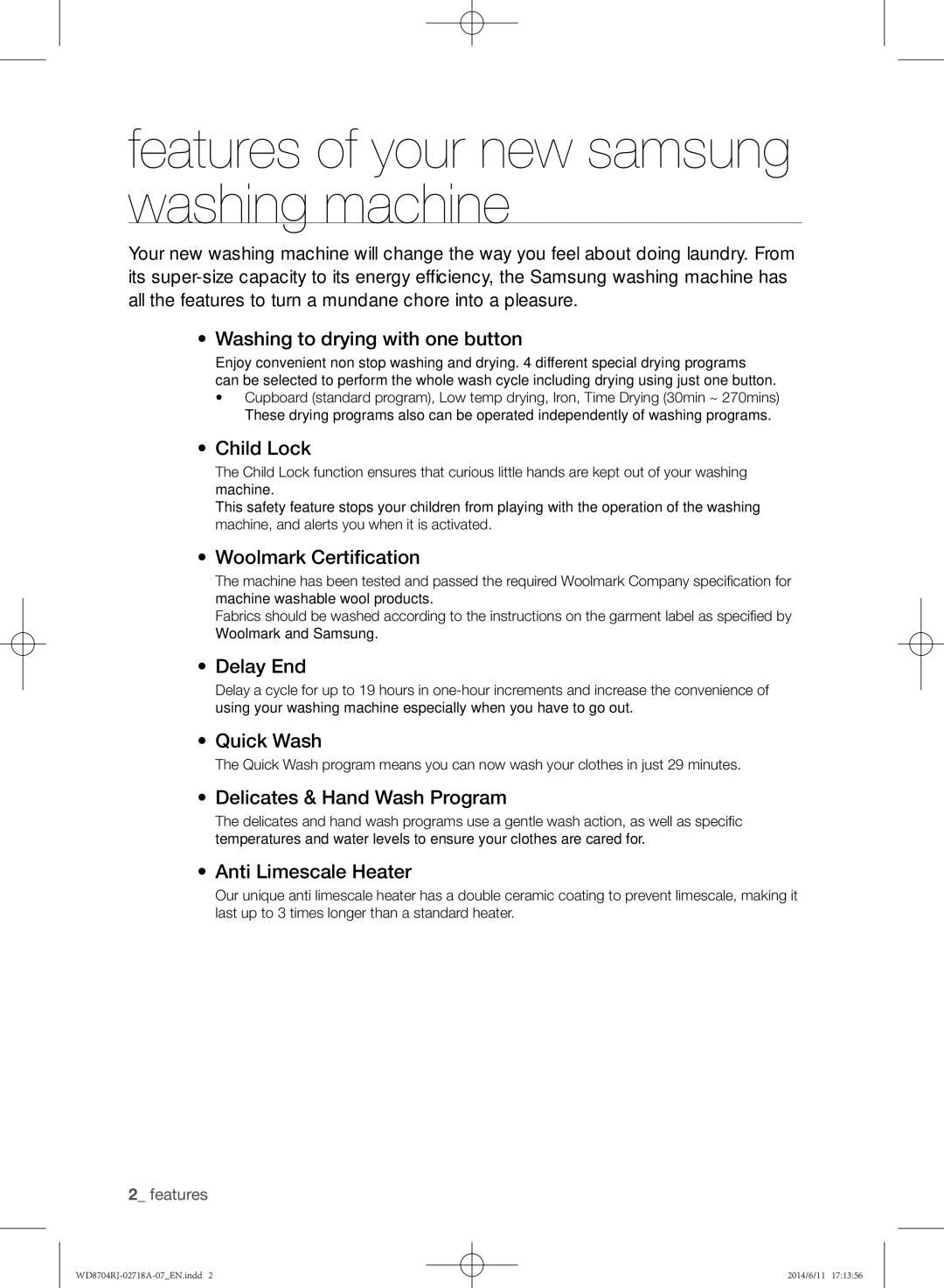 Samsung WD8704RJA/XEU manual Features of your new samsung washing machine 