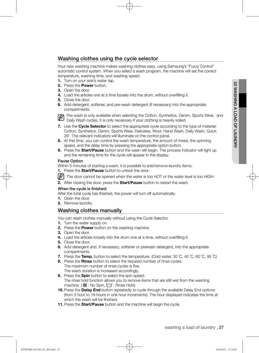 Samsung WD8704RJA/XEU Washing clothes using the cycle selector, Washing clothes manually 