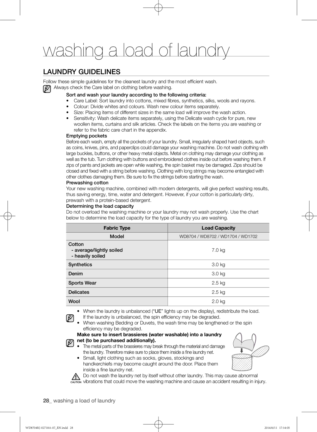 Samsung WD8704RJA/XEU manual Laundry guidelines, Fabric Type Load Capacity, Model 