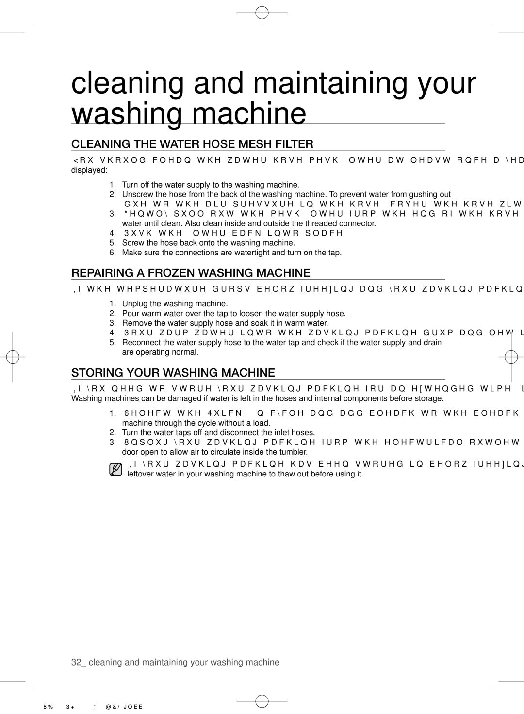 Samsung WD8704RJA/XEU manual Cleaning the water hose mesh filter, Repairing a frozen washing machine 