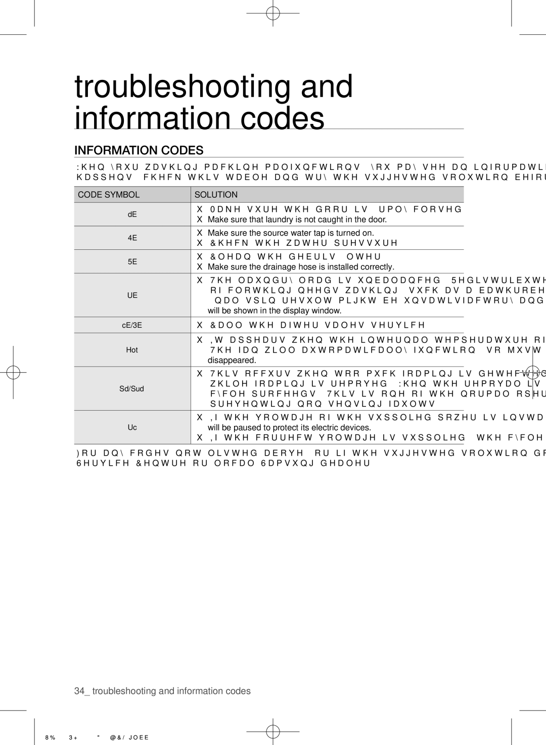 Samsung WD8704RJA/XEU manual Information codes 