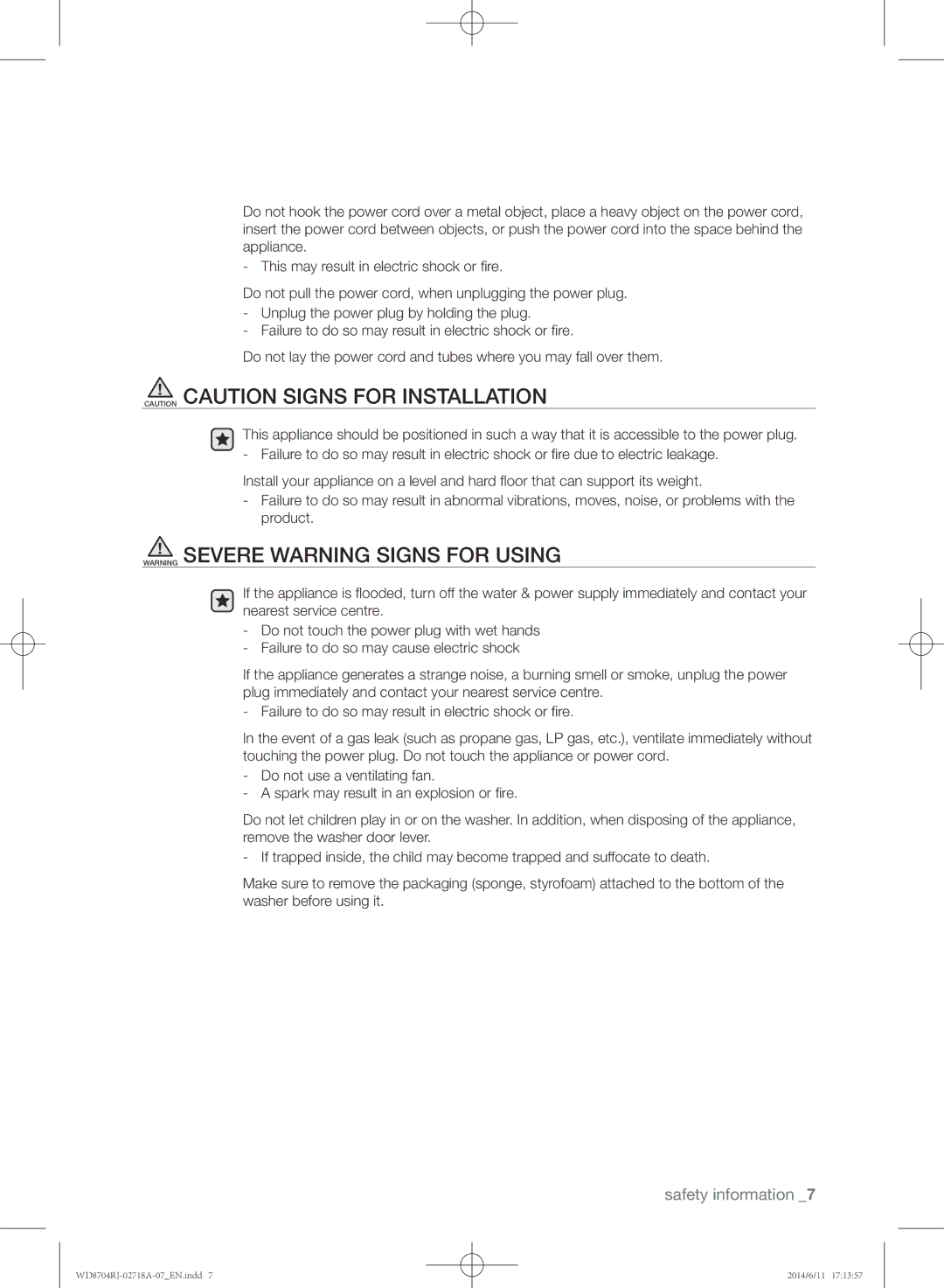 Samsung WD8704RJA/XEU manual Safety information 