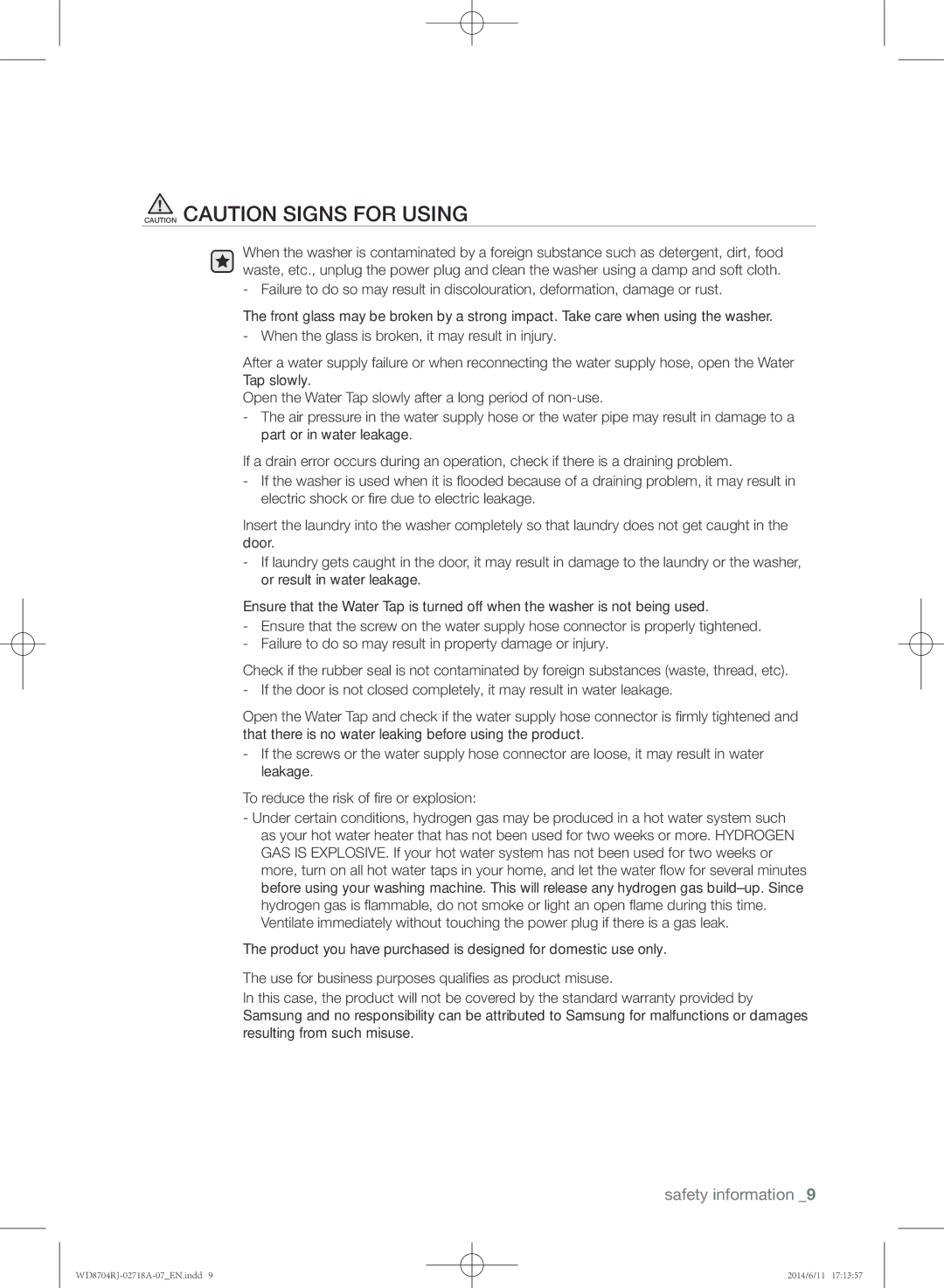 Samsung WD8704RJA/XEU manual Safety information 