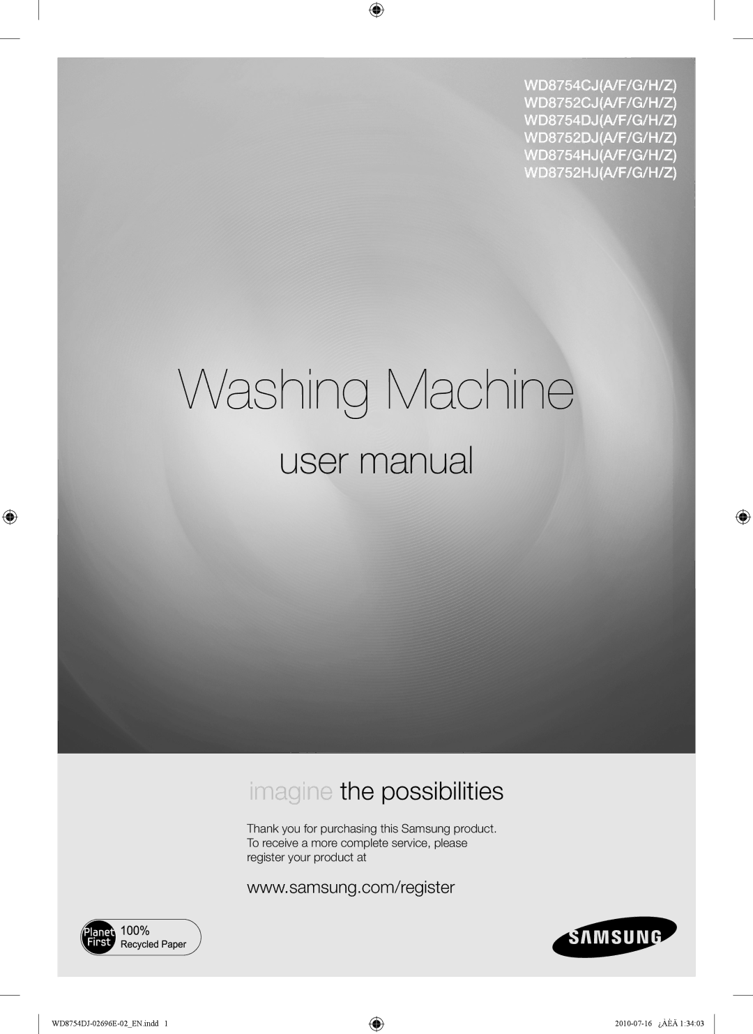 Samsung WD8754CJF/XTC manual Washing Machine 