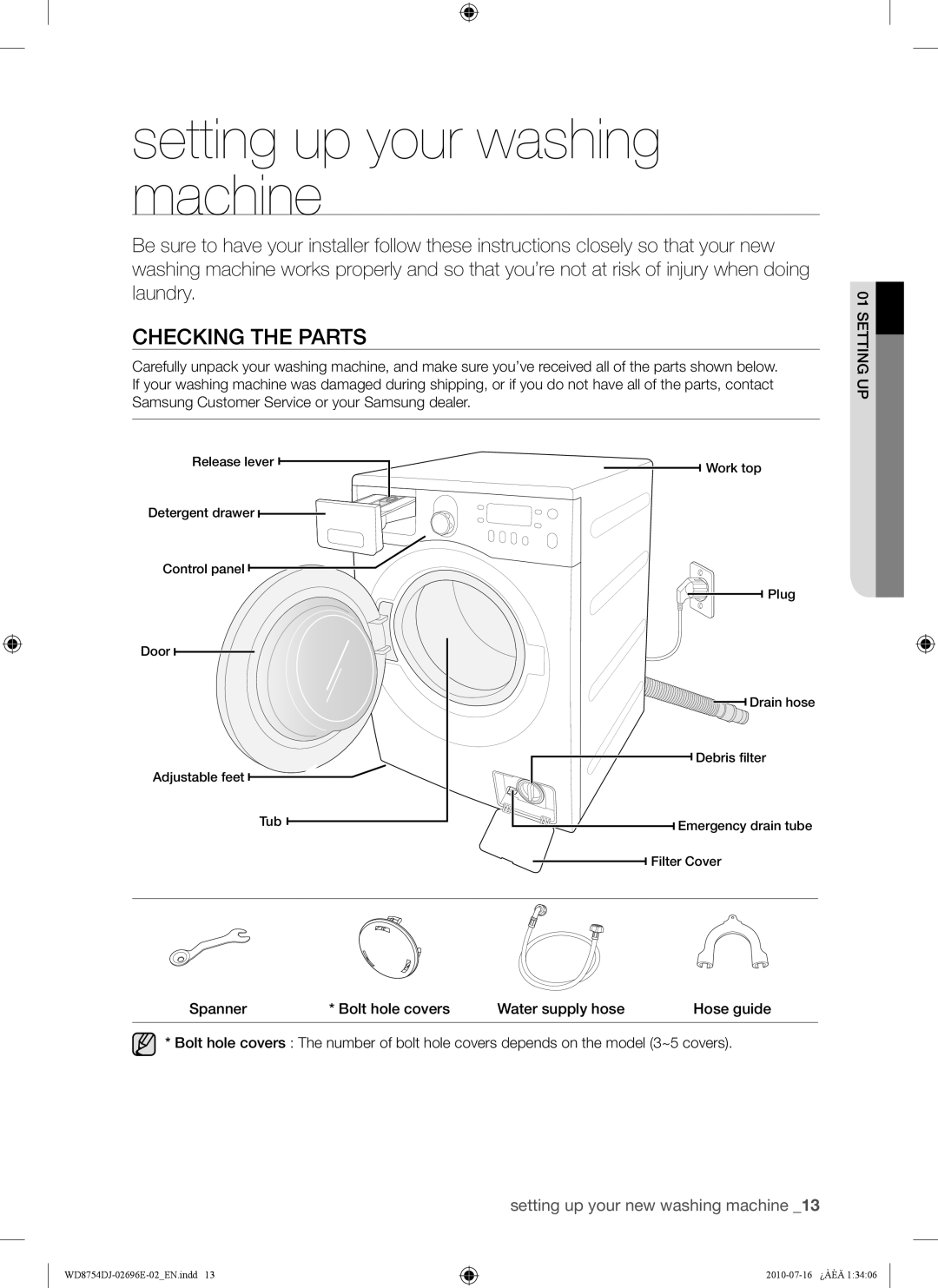 Samsung WD8754CJF/XTC manual Setting up your washing machine, Checking the Parts 