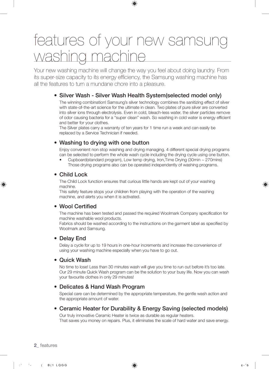 Samsung WD8754CJF/XTC manual Features of your new samsung washing machine 