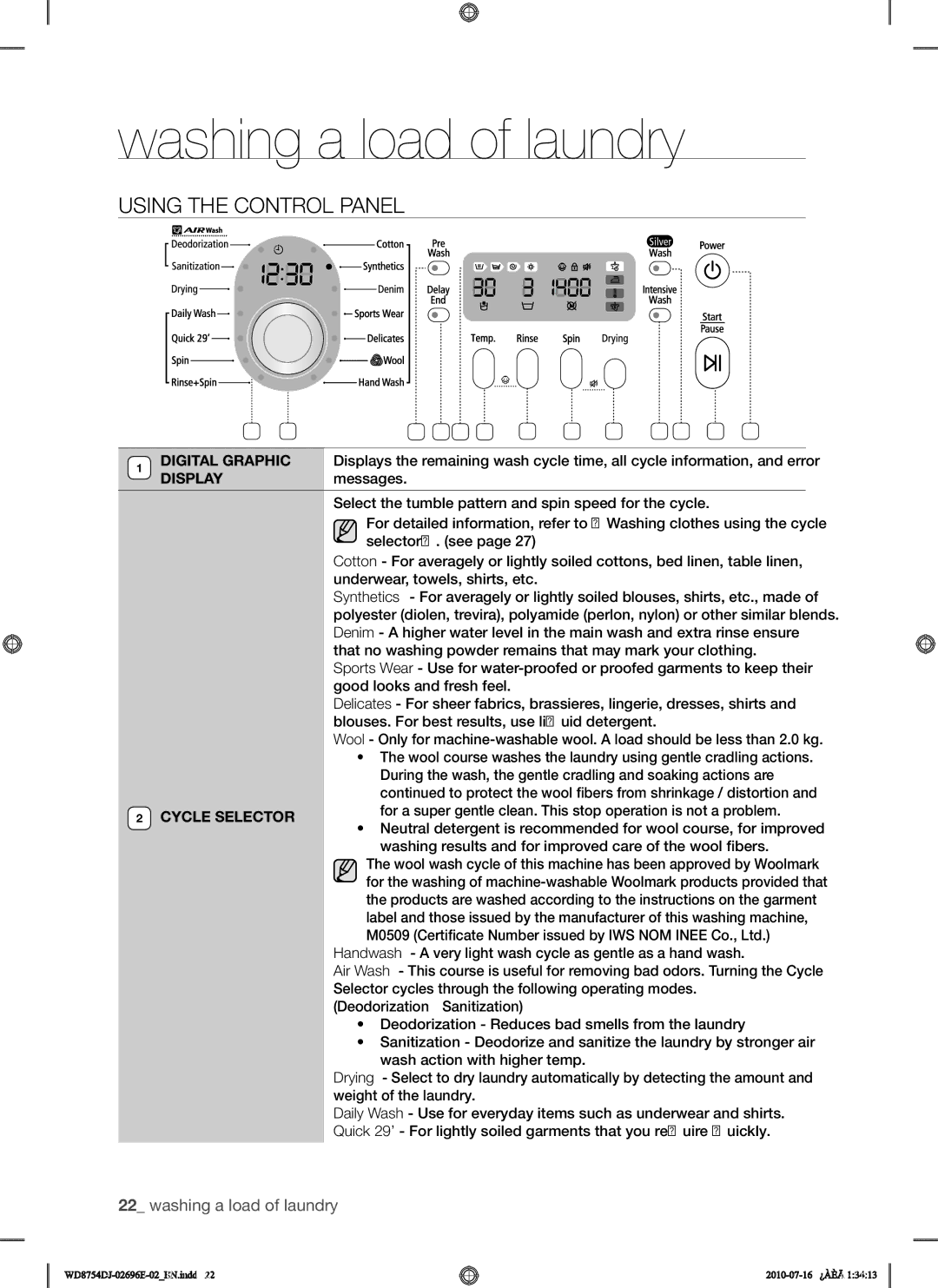 Samsung WD8754CJF/XTC manual Using the Control Panel, Cycle Selector 