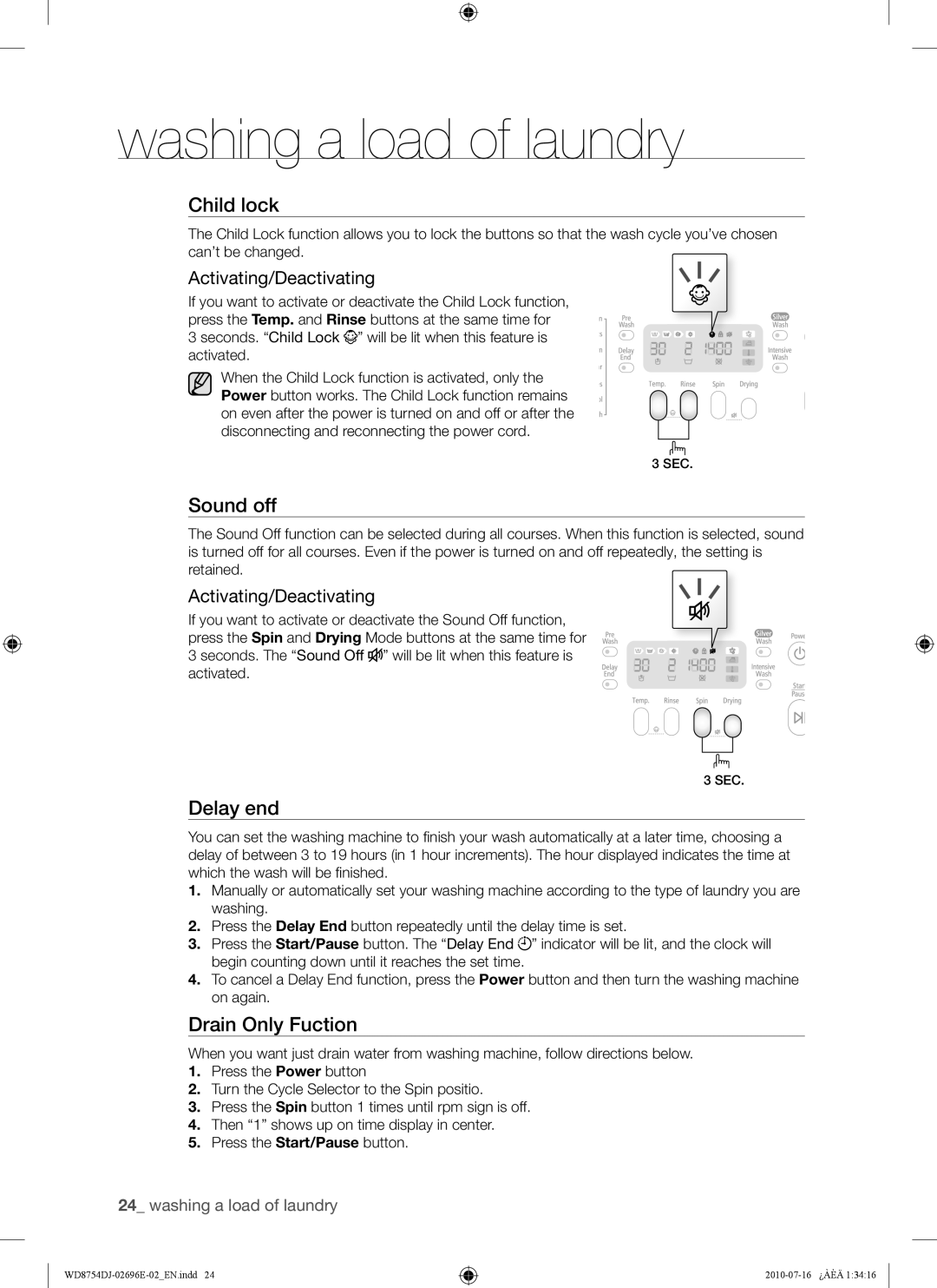 Samsung WD8754CJF/XTC manual Sound off, Drain Only Fuction 