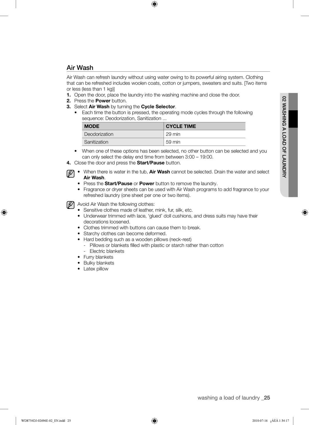 Samsung WD8754CJF/XTC manual Mode Cycle Time 