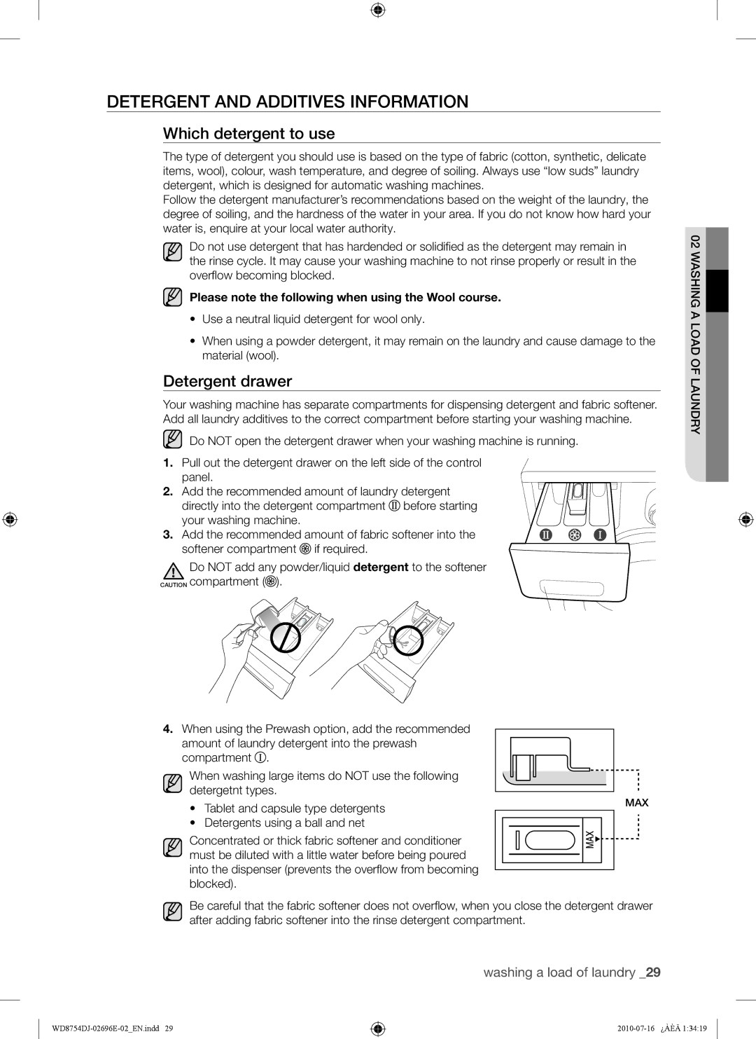 Samsung WD8754CJF/XTC manual Detergent and Additives Information, Which detergent to use, Detergent drawer 