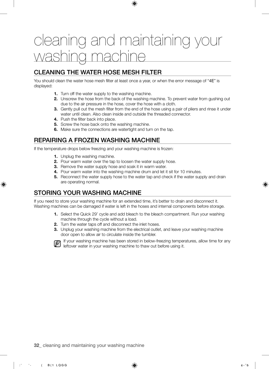 Samsung WD8754CJF/XTC manual Cleaning the Water Hose Mesh Filter, Repairing a Frozen Washing Machine 