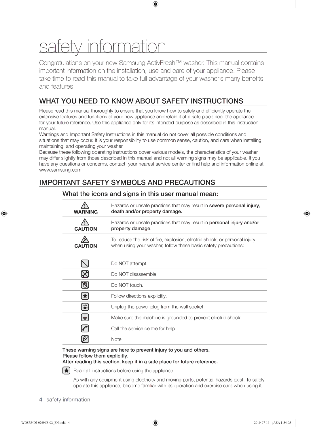 Samsung WD8754CJF/XTC manual Safety information 