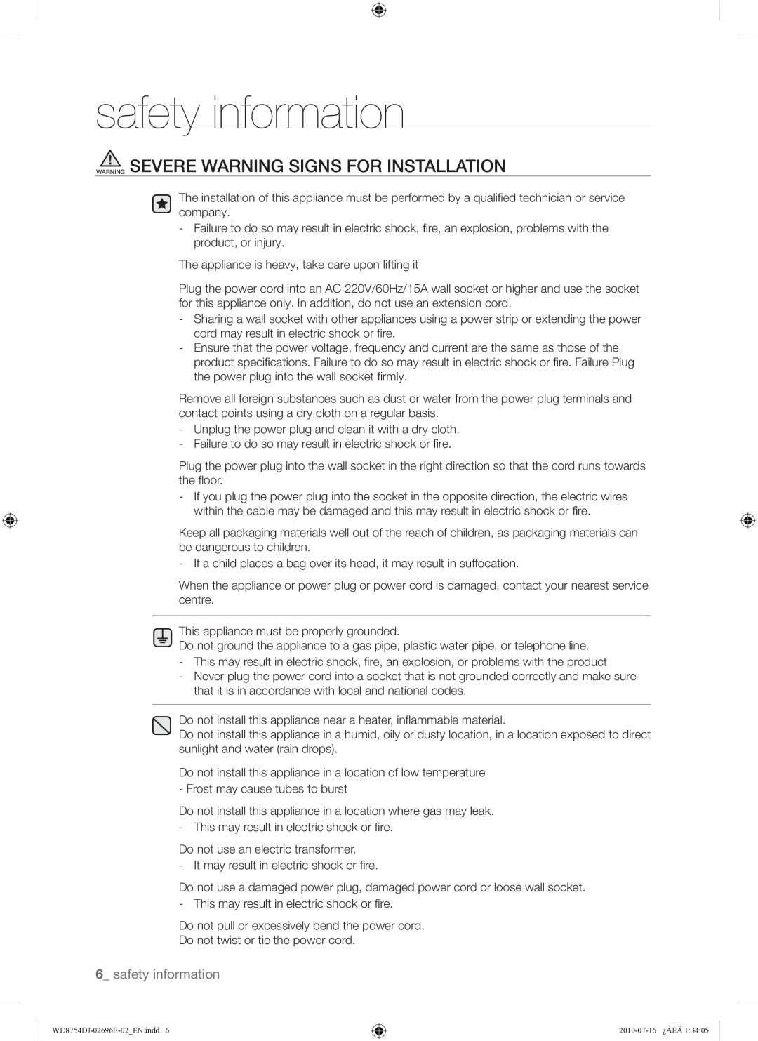 Samsung WD8754CJF/XTC manual Safety information 