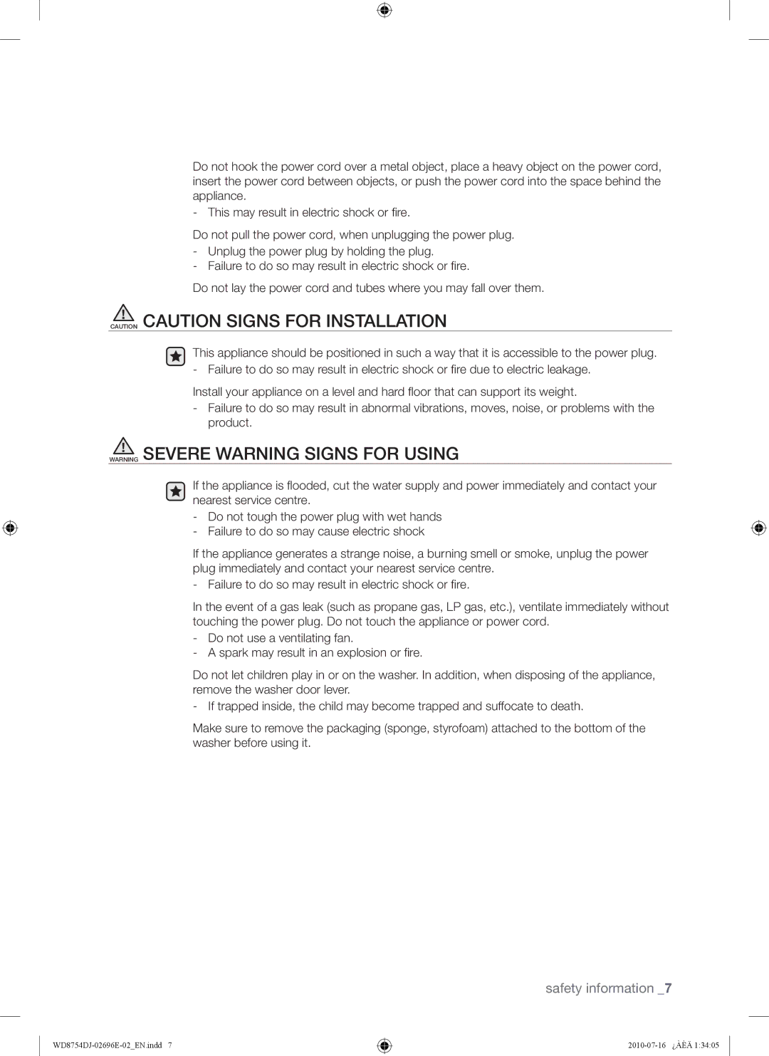 Samsung WD8754CJF/XTC manual Safety information 