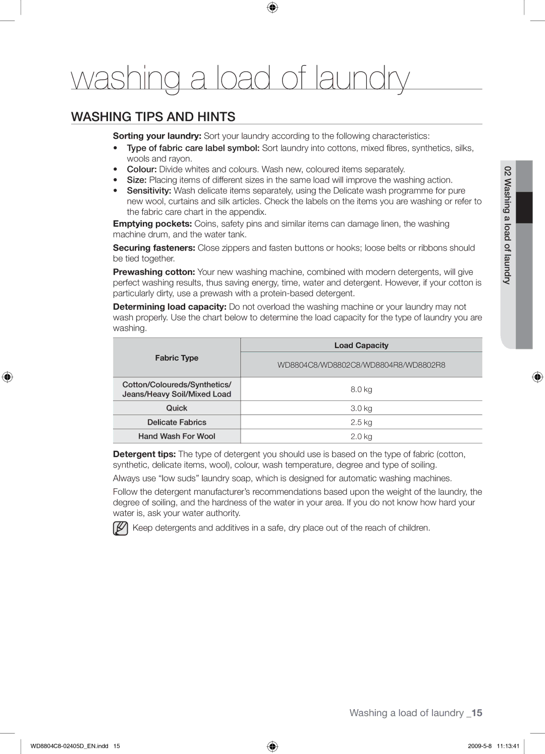 Samsung WD8804C8C/XSV manual Washing Tips and Hints, Load Capacity 