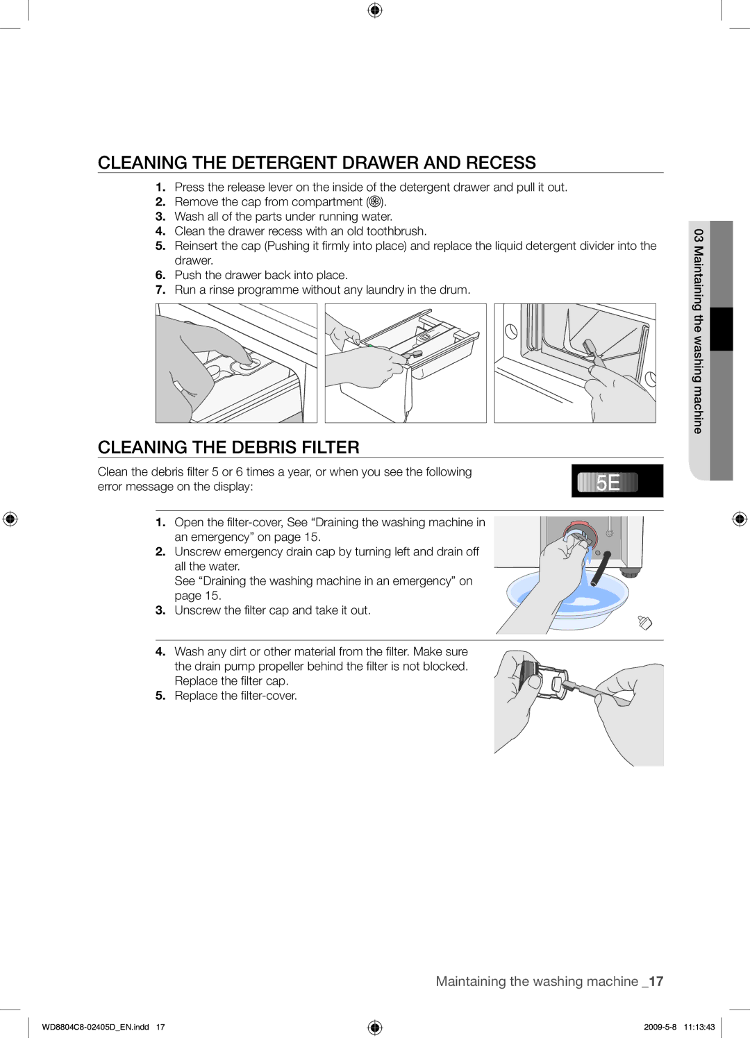 Samsung WD8804C8C/XSV manual Cleaning the Detergent Drawer and Recess, Cleaning the Debris Filter 