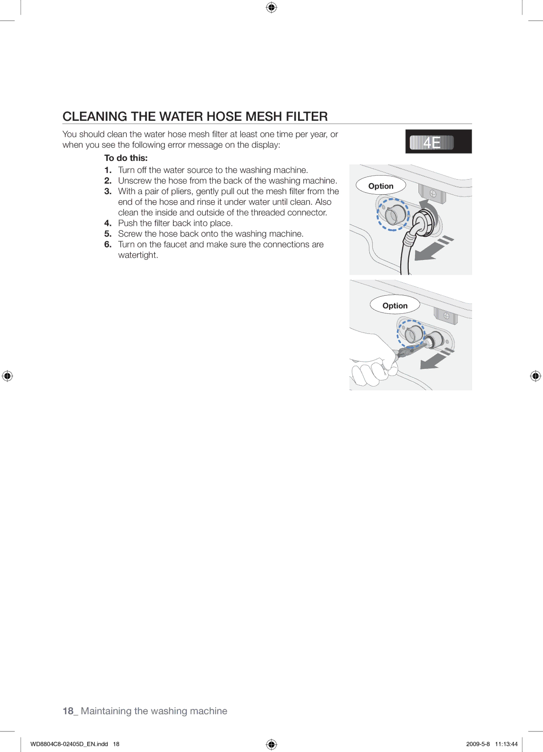 Samsung WD8804C8C/XSV manual Cleaning the Water Hose Mesh Filter, To do this 