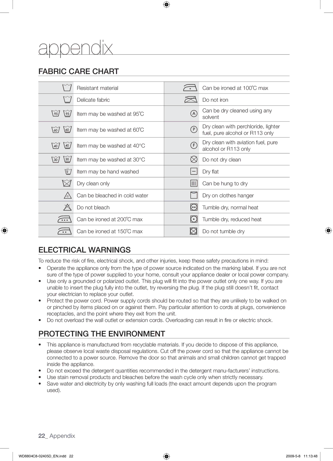 Samsung WD8804C8C/XSV manual Appendix, Fabric Care Chart, Electrical Warnings, Protecting the Environment 