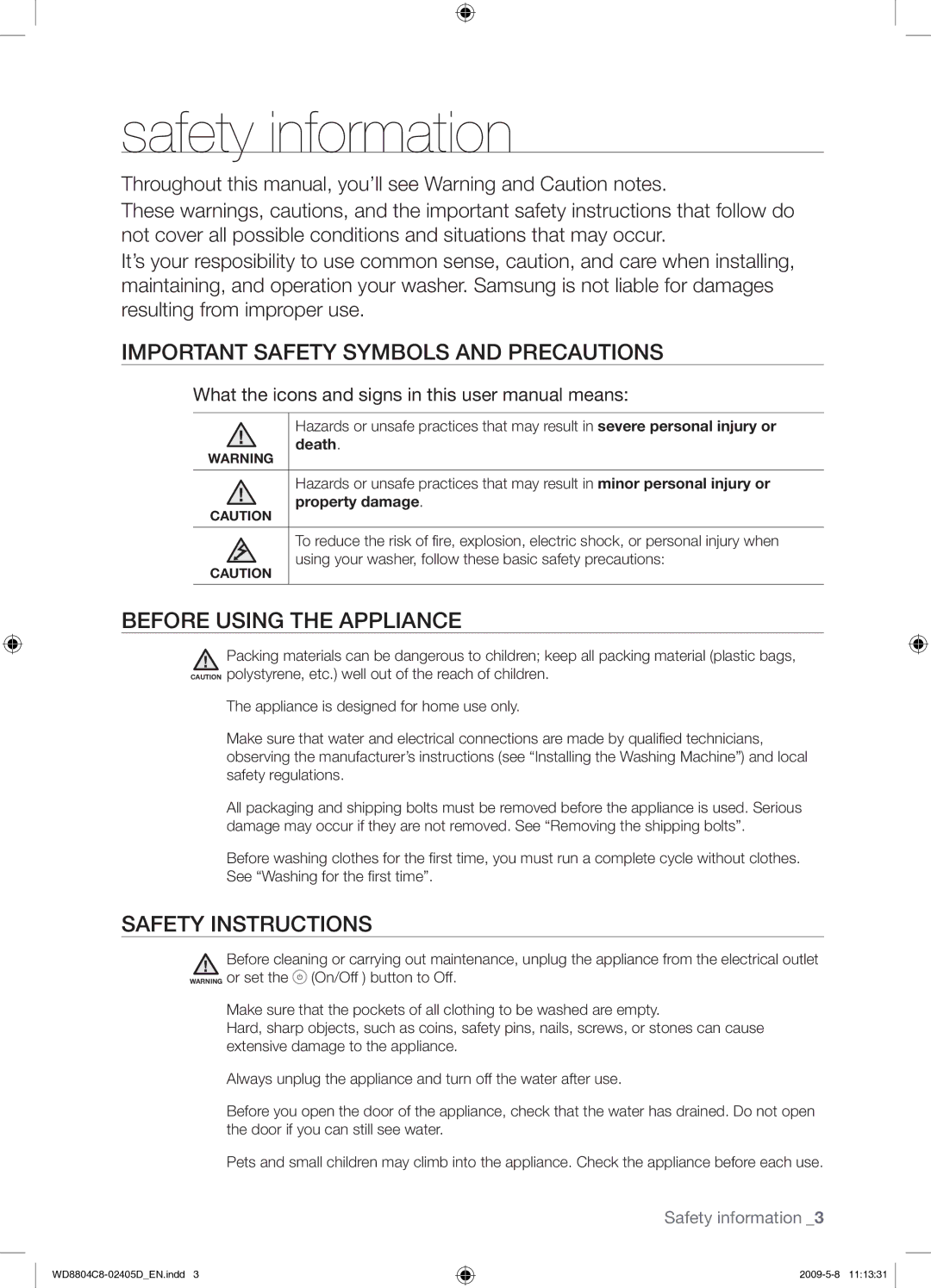 Samsung WD8804C8C/XSV manual Safety information, Important Safety Symbols and Precautions, Before Using the Appliance 