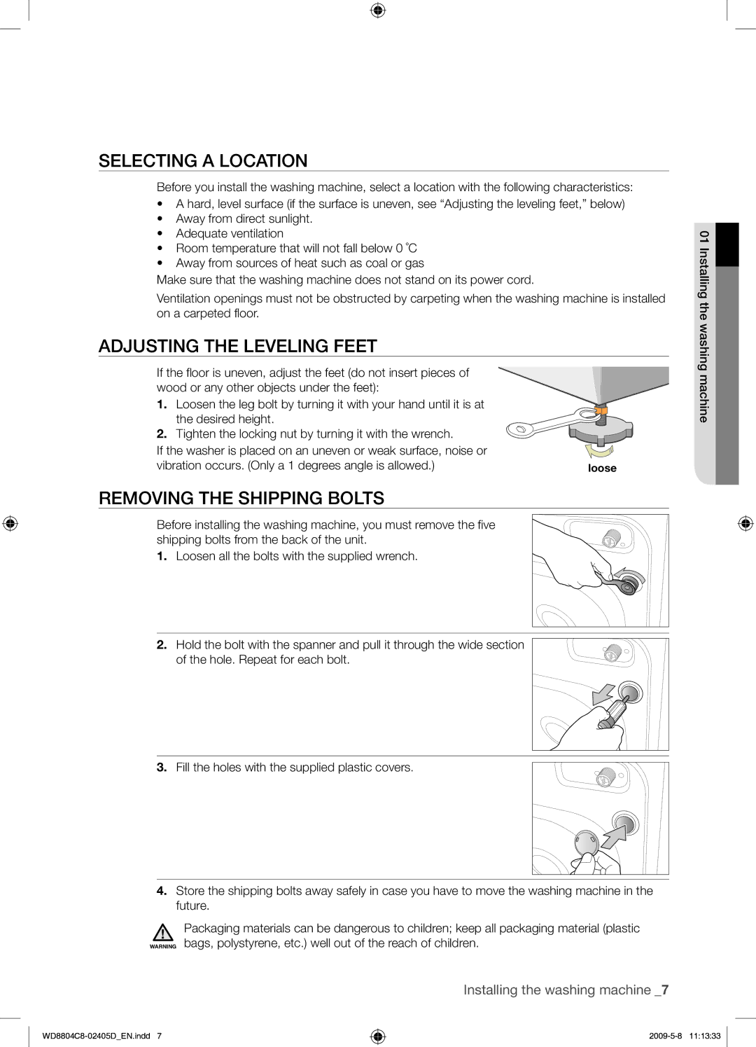 Samsung WD8804C8C/XSV manual Selecting a Location, Adjusting the Leveling Feet, Removing the Shipping Bolts 