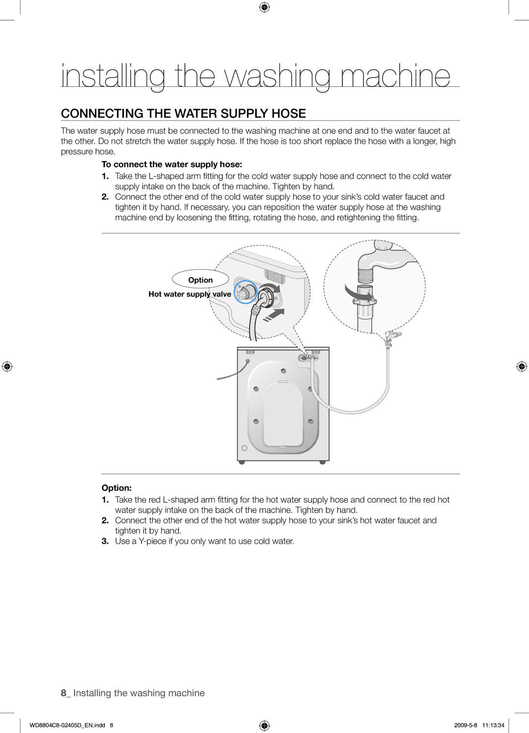 Samsung WD8804C8C/XSV manual Connecting the Water Supply Hose, To connect the water supply hose, Option 