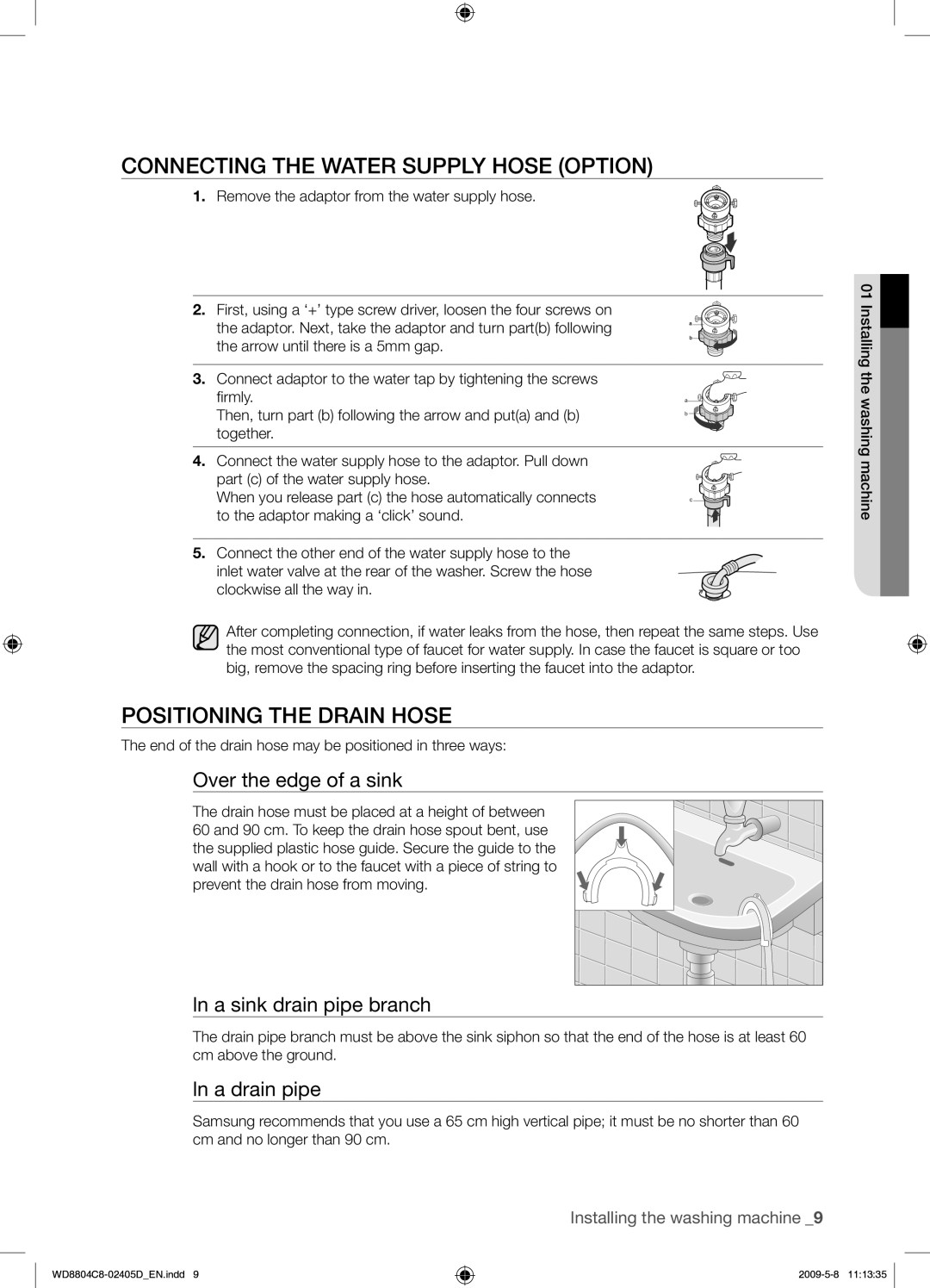 Samsung WD8804C8C/XSV manual Connecting the Water Supply Hose Option, Positioning the Drain Hose 