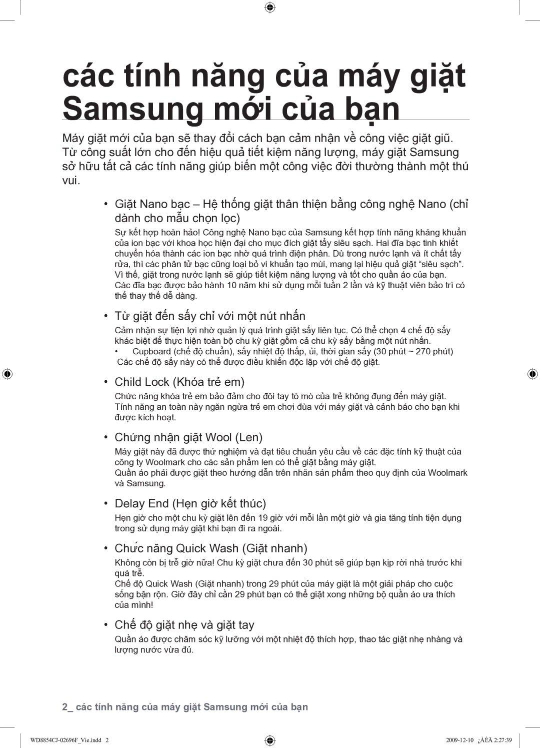 Samsung WD8854CJZ/XSV manual Các tính năng của máy giặt Samsung mới của bạn 