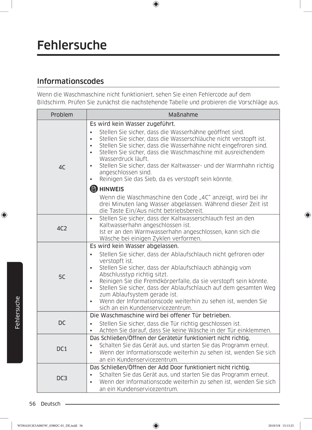 Samsung WD8XK5A03OW/EG, WD8EK5A00OW/EG manual Informationscodes, DC1 