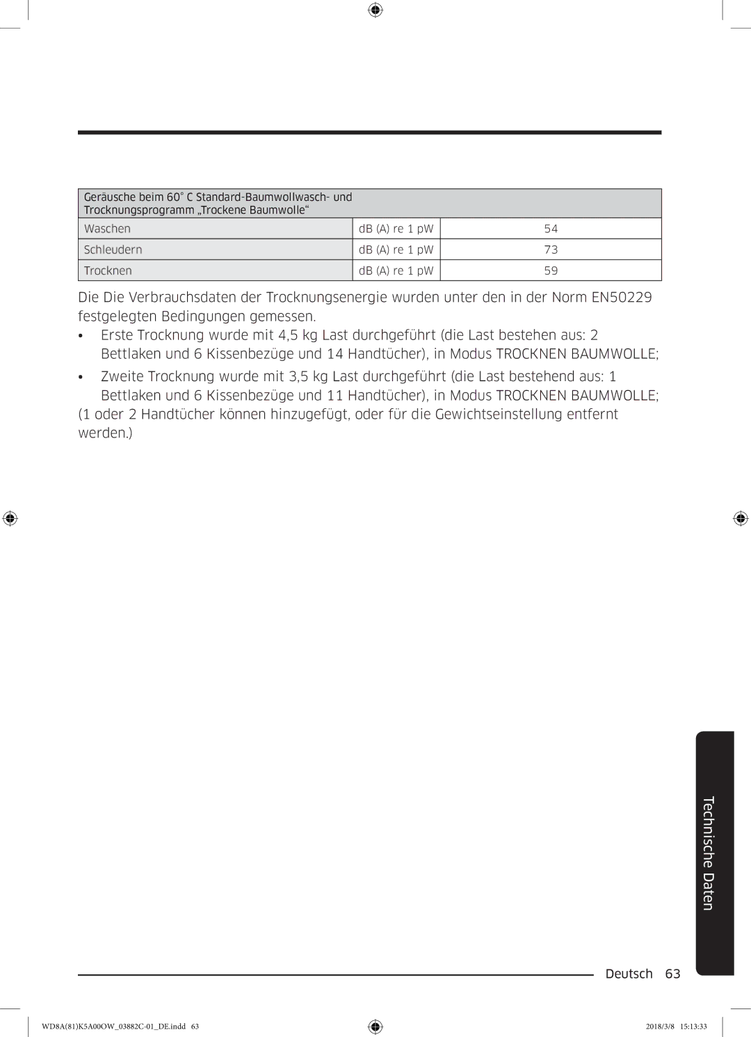 Samsung WD8EK5A00OW/EG, WD8XK5A03OW/EG manual Technische Daten 