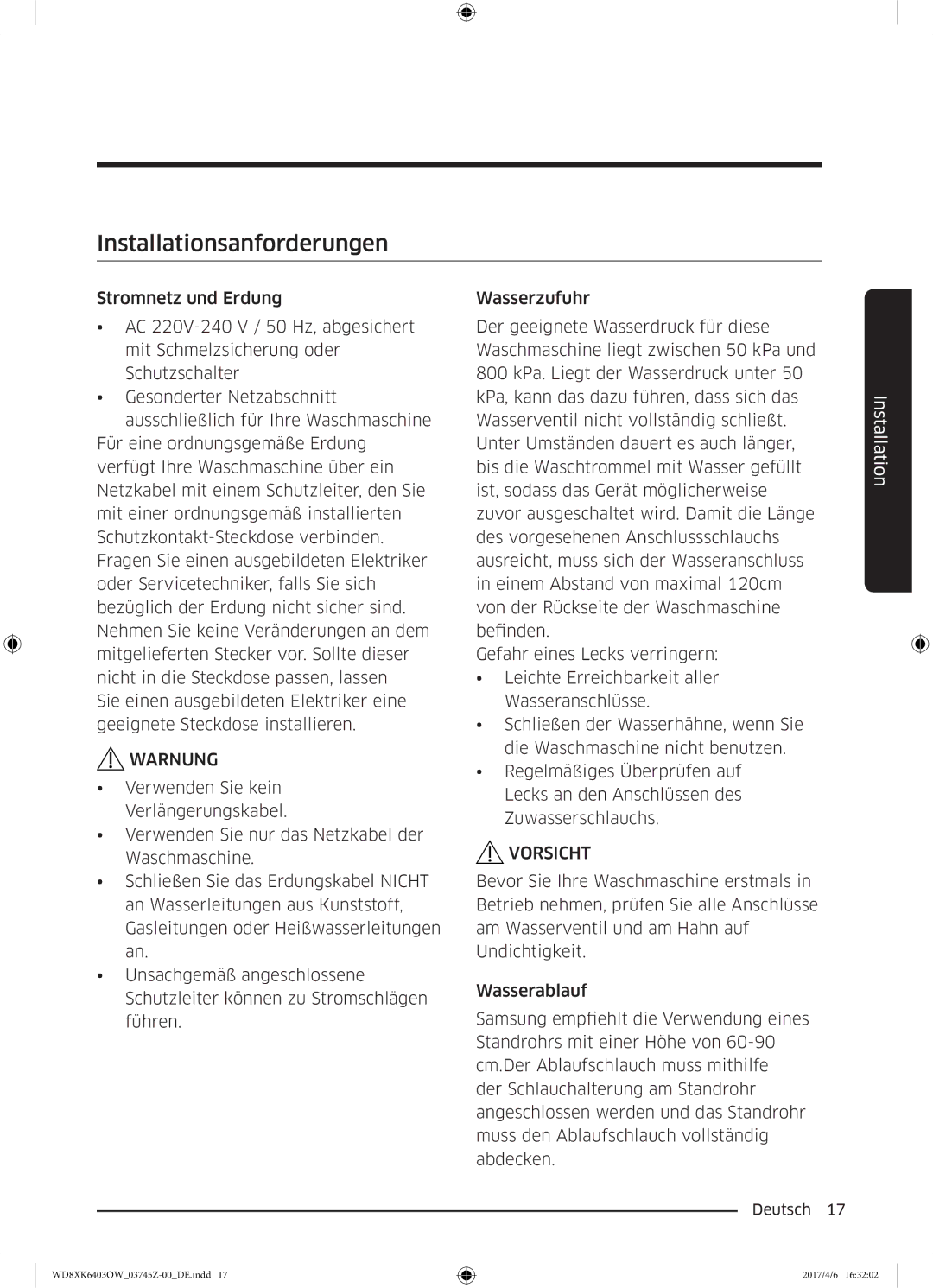 Samsung WD8XK6403OW/EG manual Installationsanforderungen 