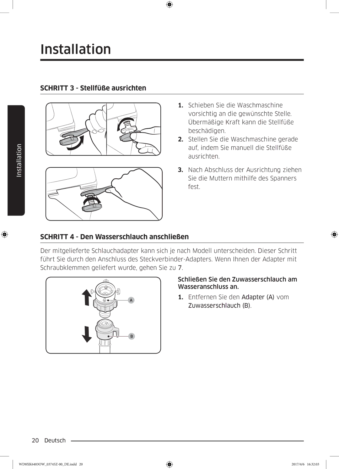 Samsung WD8XK6403OW/EG manual Schritt 3 Stellfüße ausrichten 