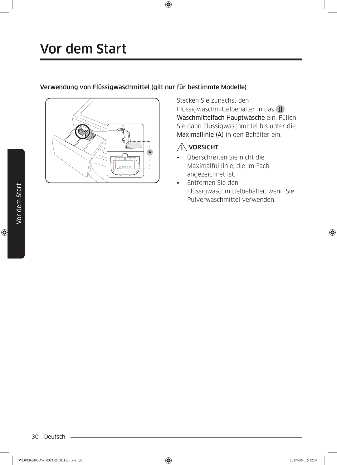 Samsung WD8XK6403OW/EG manual Vor dem Start 