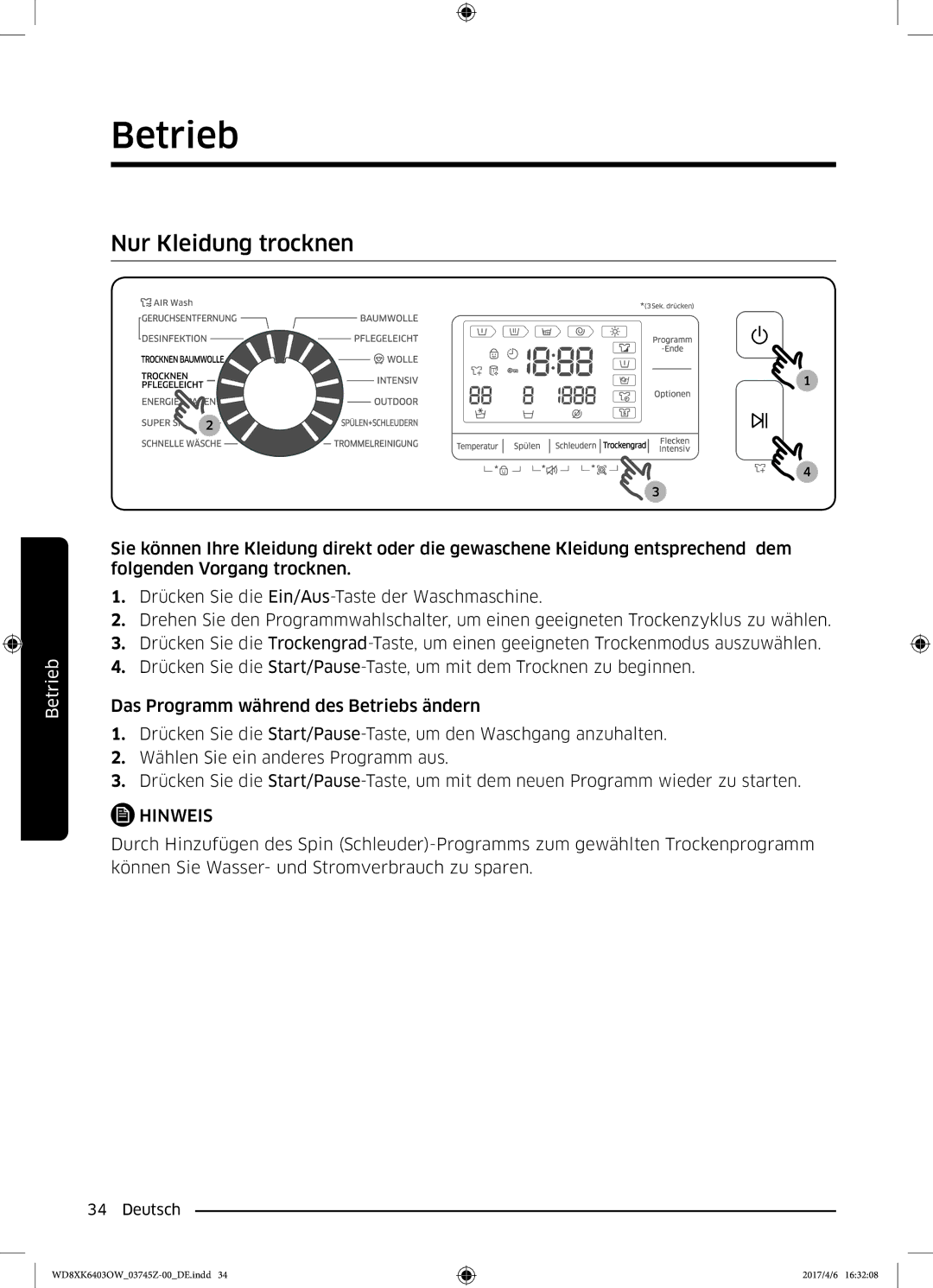 Samsung WD8XK6403OW/EG manual Nur Kleidung trocknen 