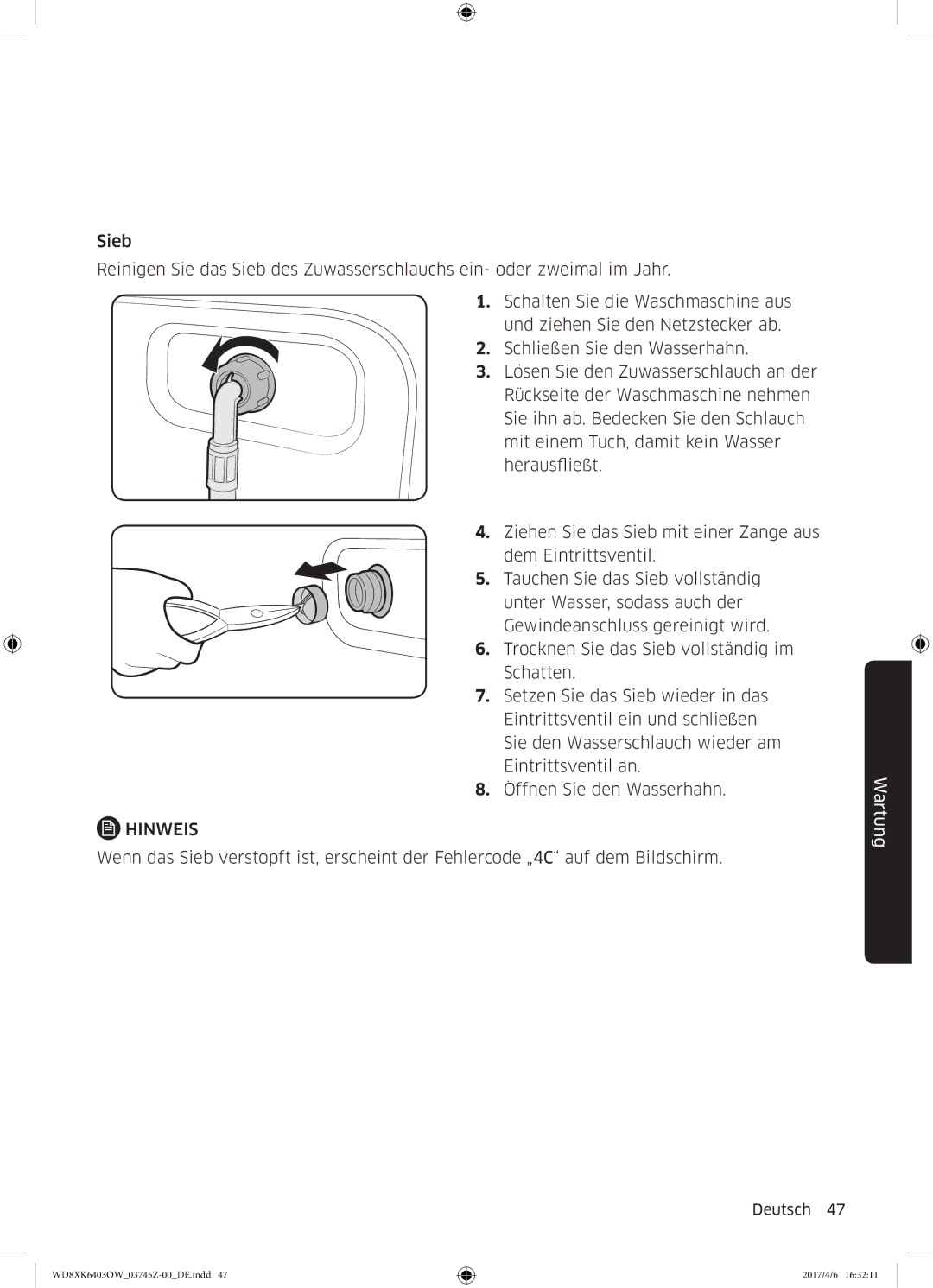 Samsung WD8XK6403OW/EG manual Hinweis 