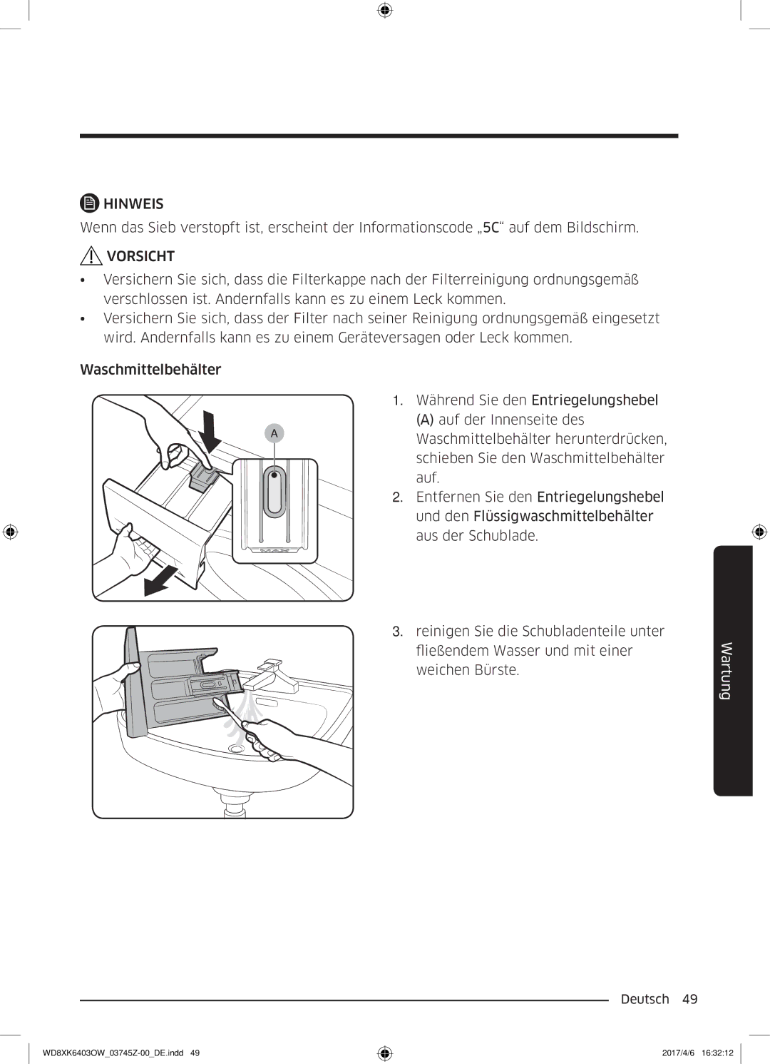 Samsung WD8XK6403OW/EG manual Vorsicht 