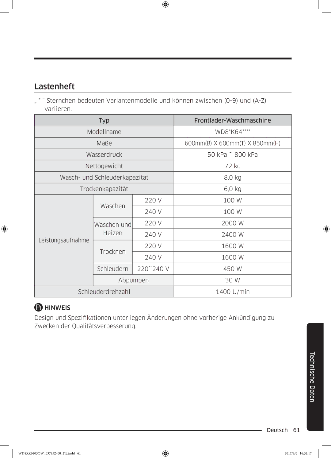 Samsung WD8XK6403OW/EG manual Lastenheft 