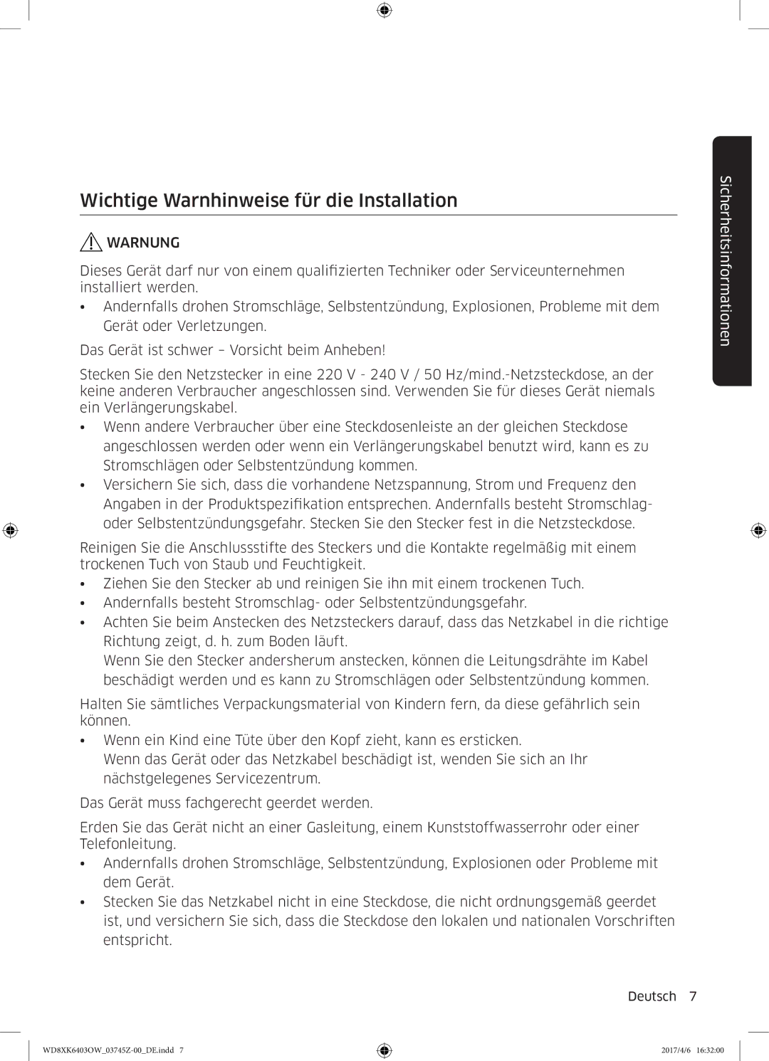 Samsung WD8XK6403OW/EG manual Wichtige Warnhinweise für die Installation 