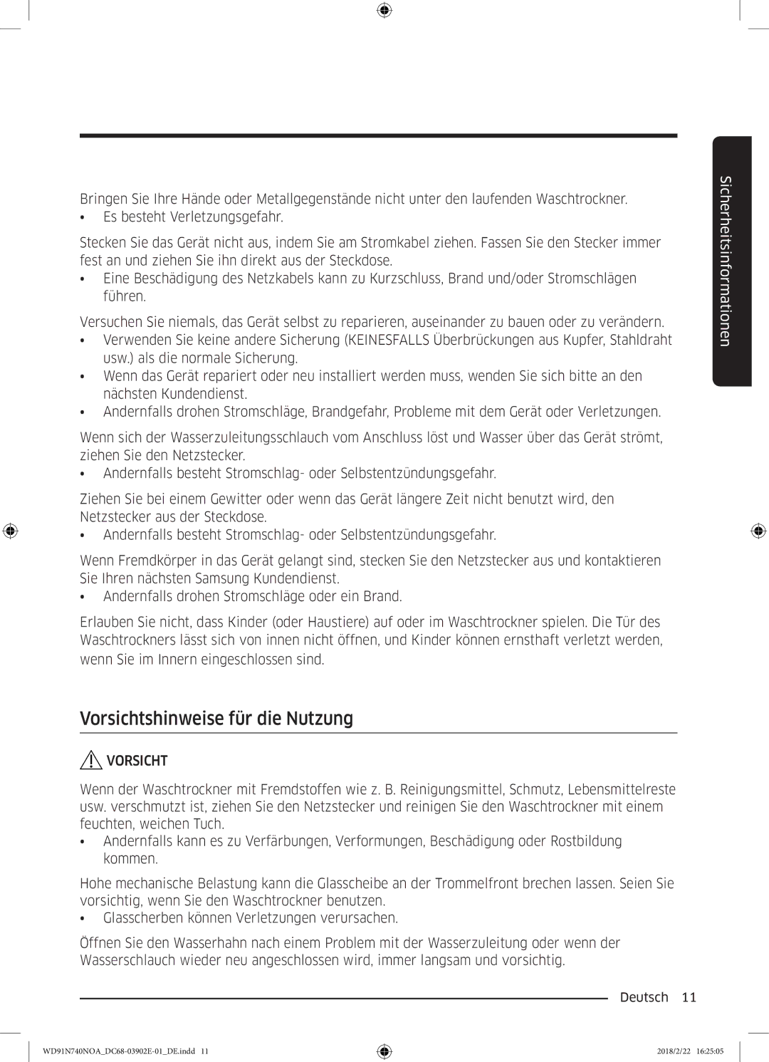 Samsung WD91N740NOA/EG, WD8XN740NOA/EG manual Vorsichtshinweise für die Nutzung 