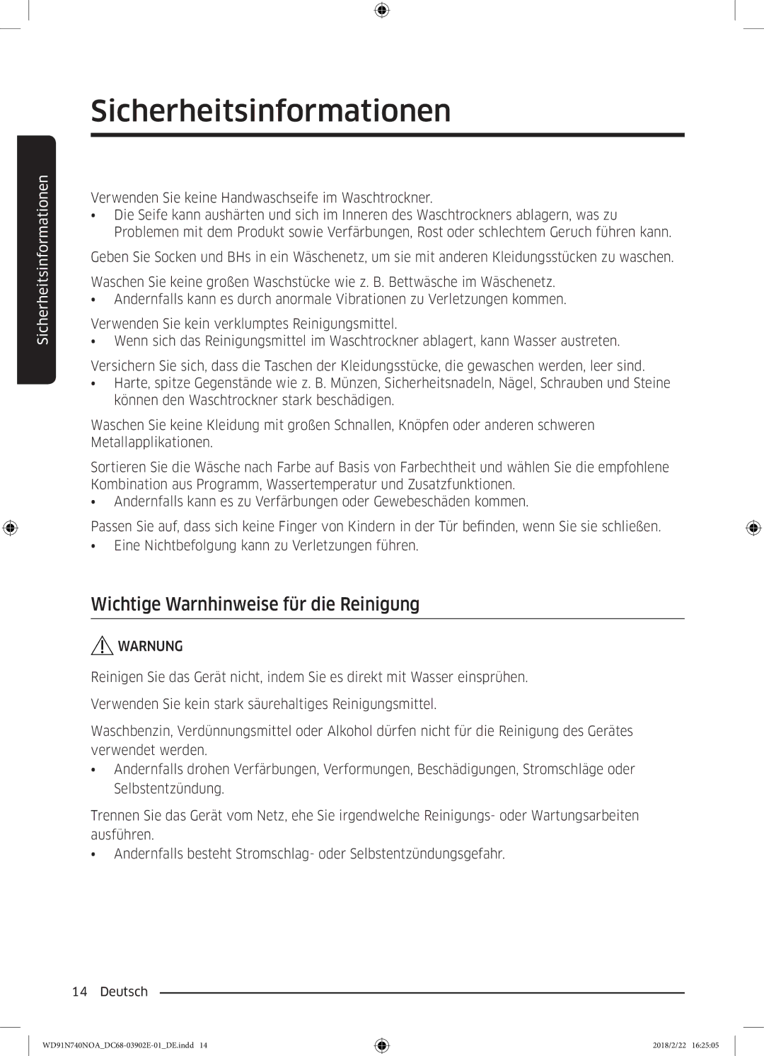 Samsung WD8XN740NOA/EG, WD91N740NOA/EG manual Wichtige Warnhinweise für die Reinigung 