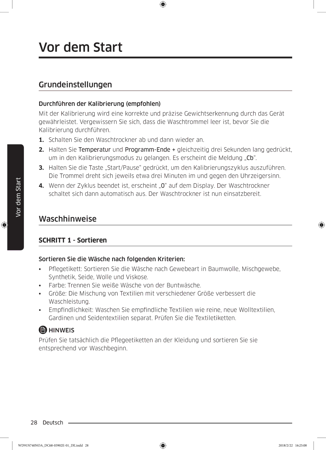 Samsung WD8XN740NOA/EG, WD91N740NOA/EG manual Vor dem Start, Grundeinstellungen, Waschhinweise 