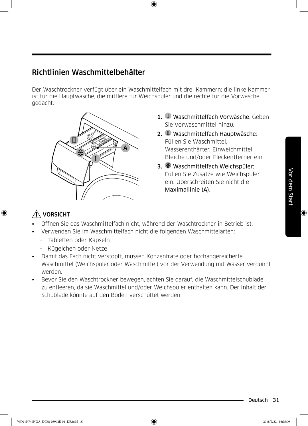 Samsung WD91N740NOA/EG, WD8XN740NOA/EG manual Richtlinien Waschmittelbehälter 