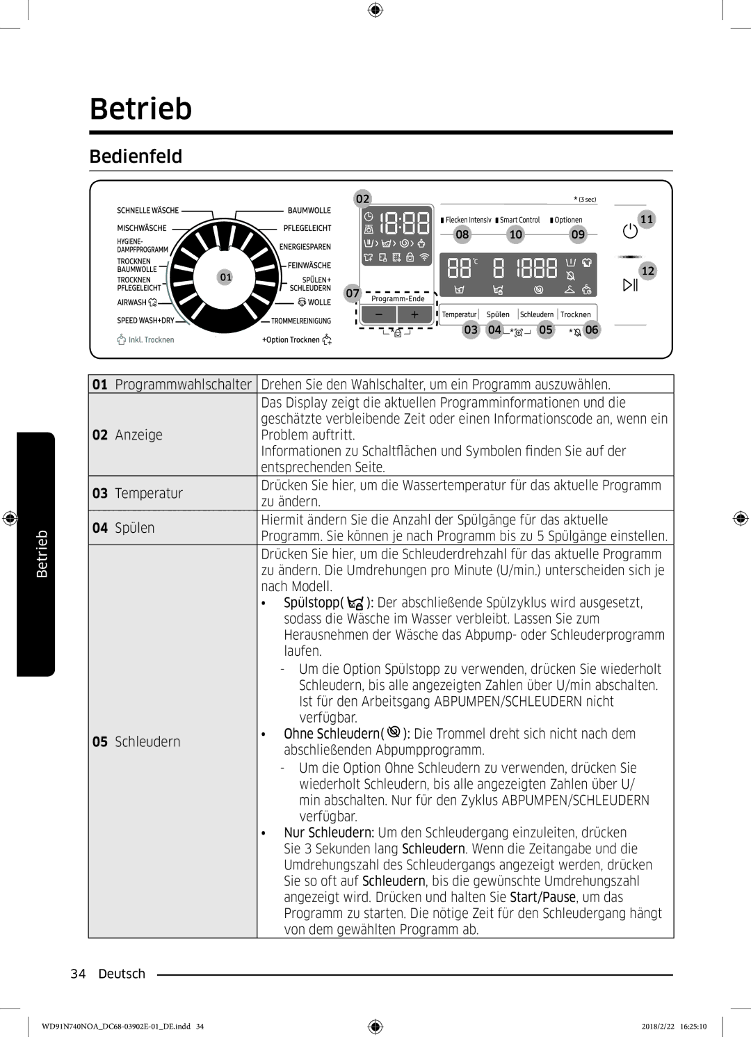 Samsung WD8XN740NOA/EG, WD91N740NOA/EG manual Betrieb, Bedienfeld 