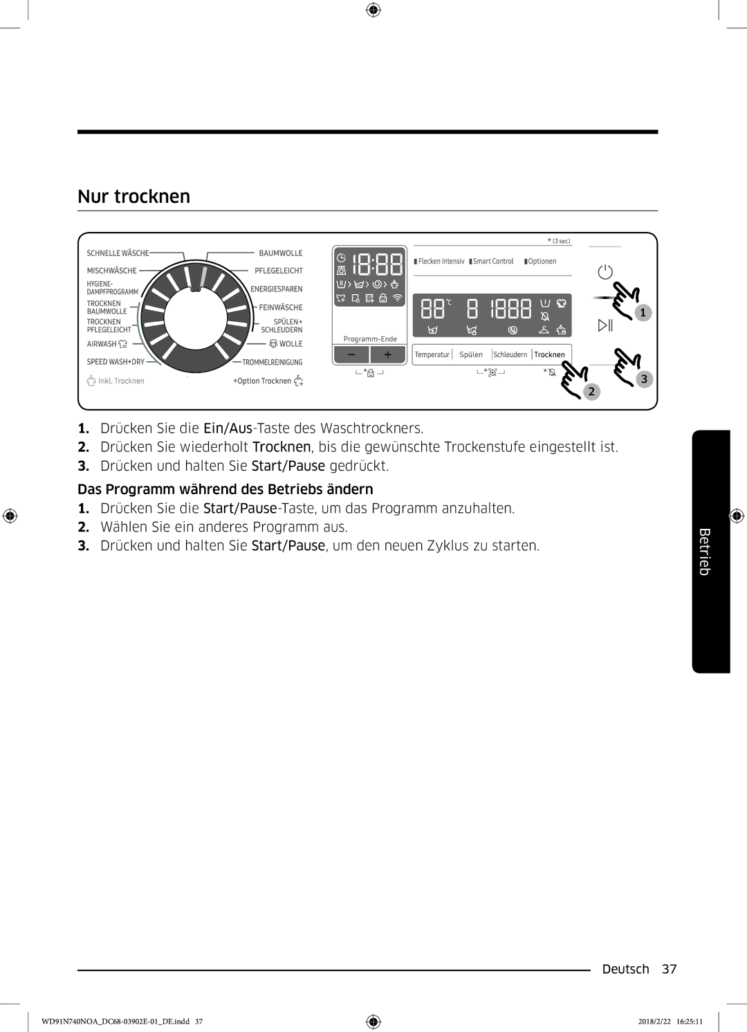 Samsung WD91N740NOA/EG, WD8XN740NOA/EG manual Nur trocknen 